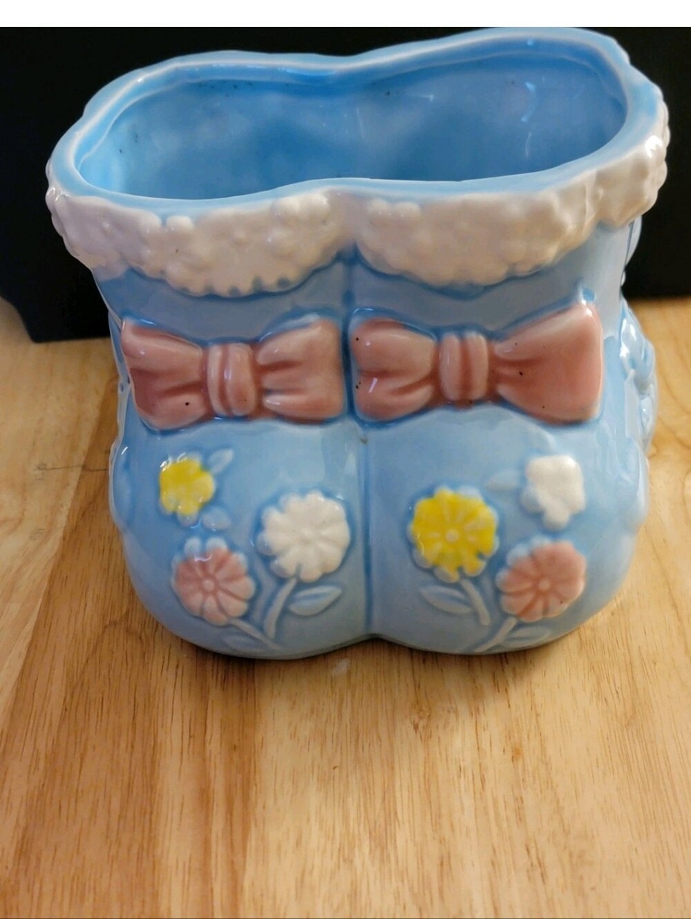 A.P.C. Blue Ceramic Baby Boot Planter with Pink Bows and Floral Accents